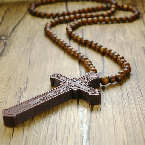 Jesus Christ Cross Necklace With Wood Beads