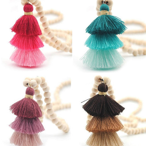ZWPON Wood Bead Tassel Necklace