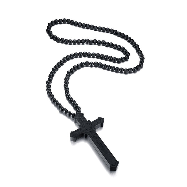 Jesus Christ Cross Necklace With Wood Beads
