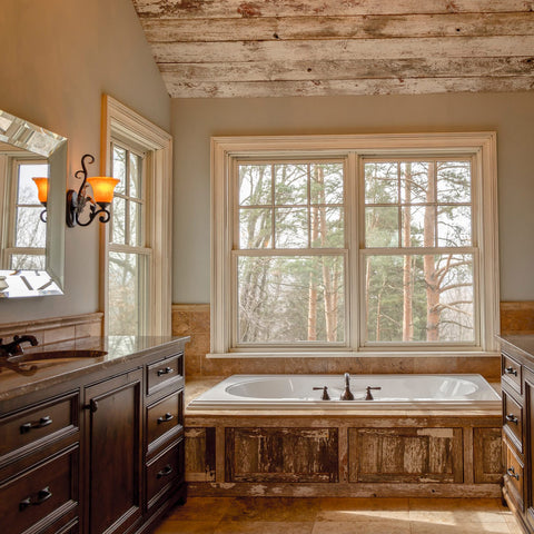 nice bathroom with wood lights