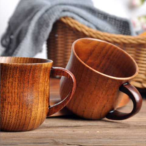 wooden mugs on table